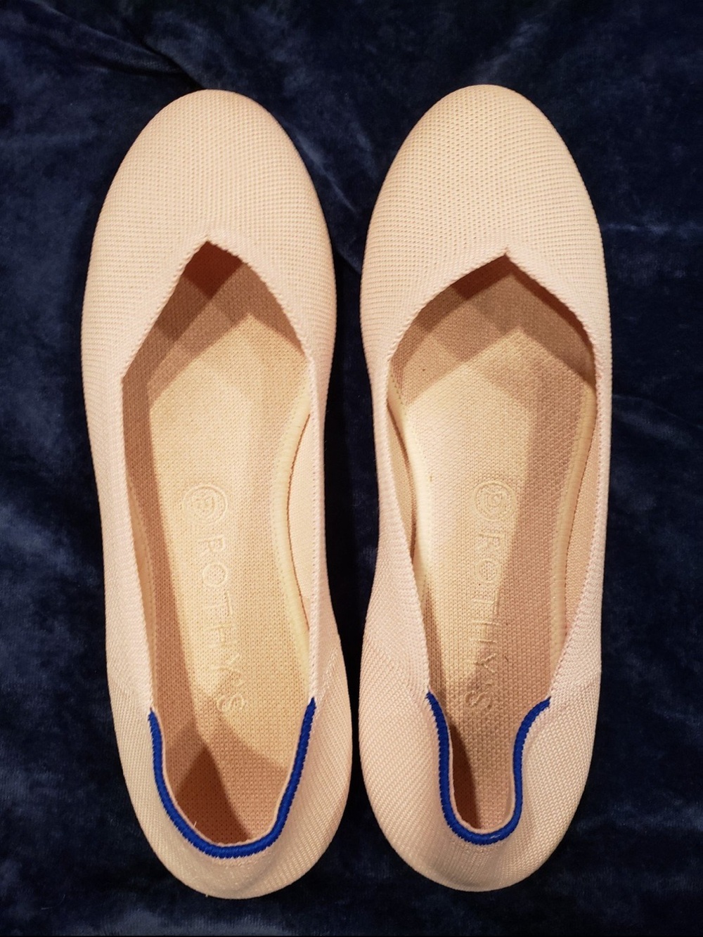 Rothy's light pink Knit Ballet Flats with Blue Heel Trim